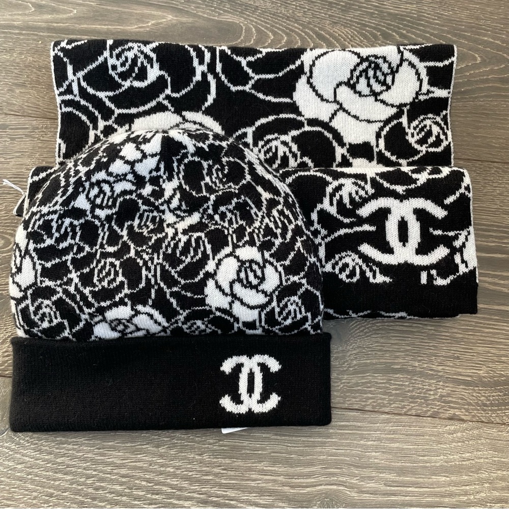 Chanel 23K Camellia Scarf and Beanie Matching Set in Black and White
